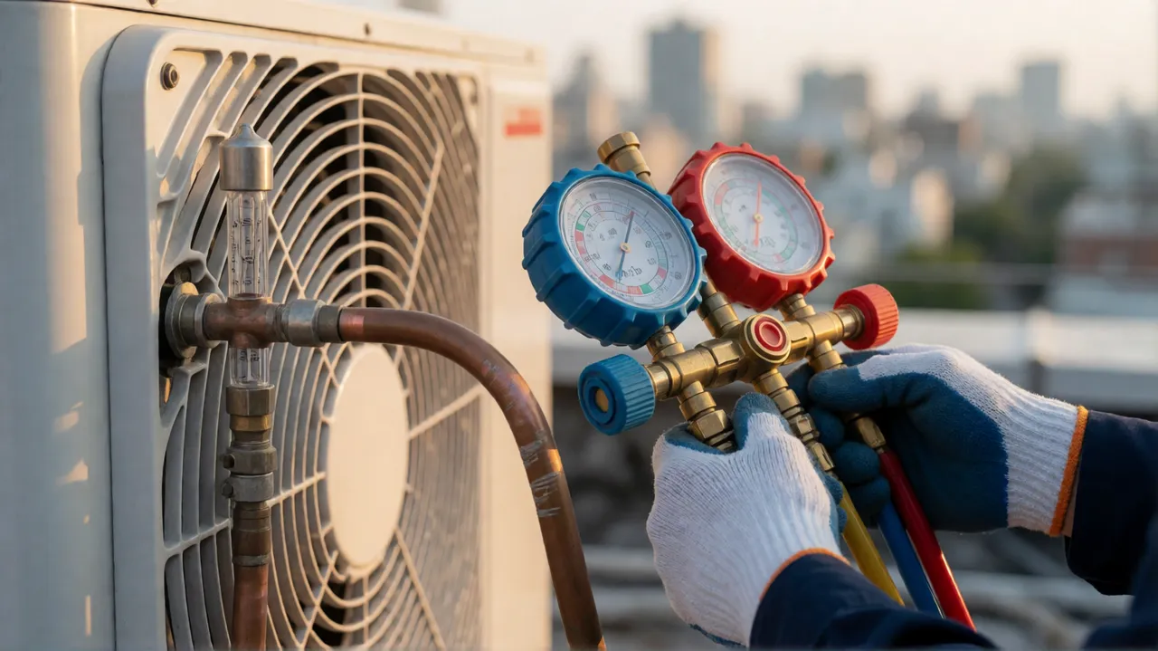 Technician connecting a manifold gauge set to a rooftop condensing unit